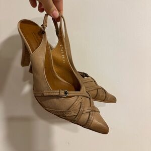 Chic Tan Genuine Leather Strappy Slingback Pointed Toe Heels Women’s 38 / 7.5